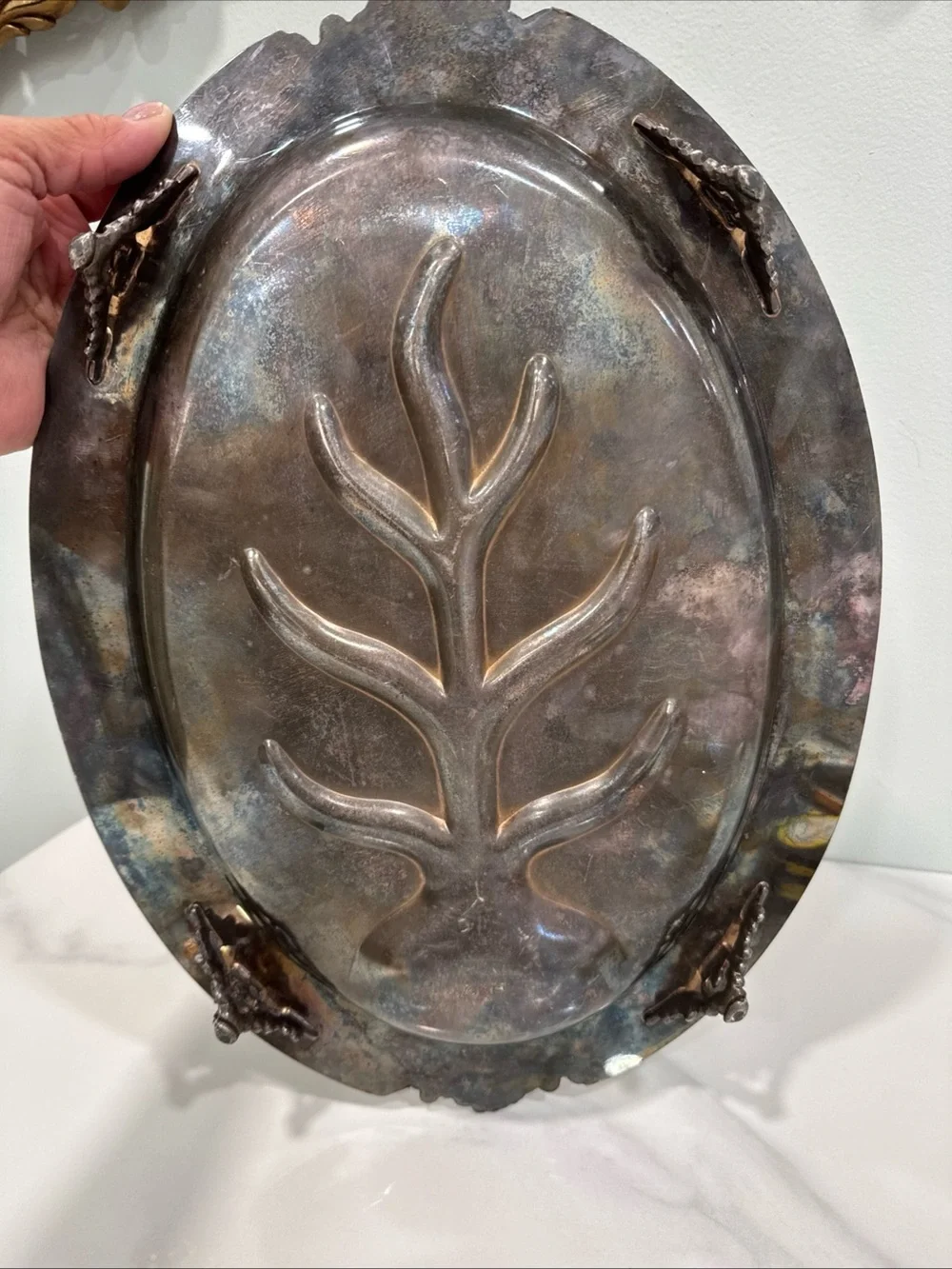 Silver-copper  Decorative Oval Serving Tray with Leaf Motif,  vintage